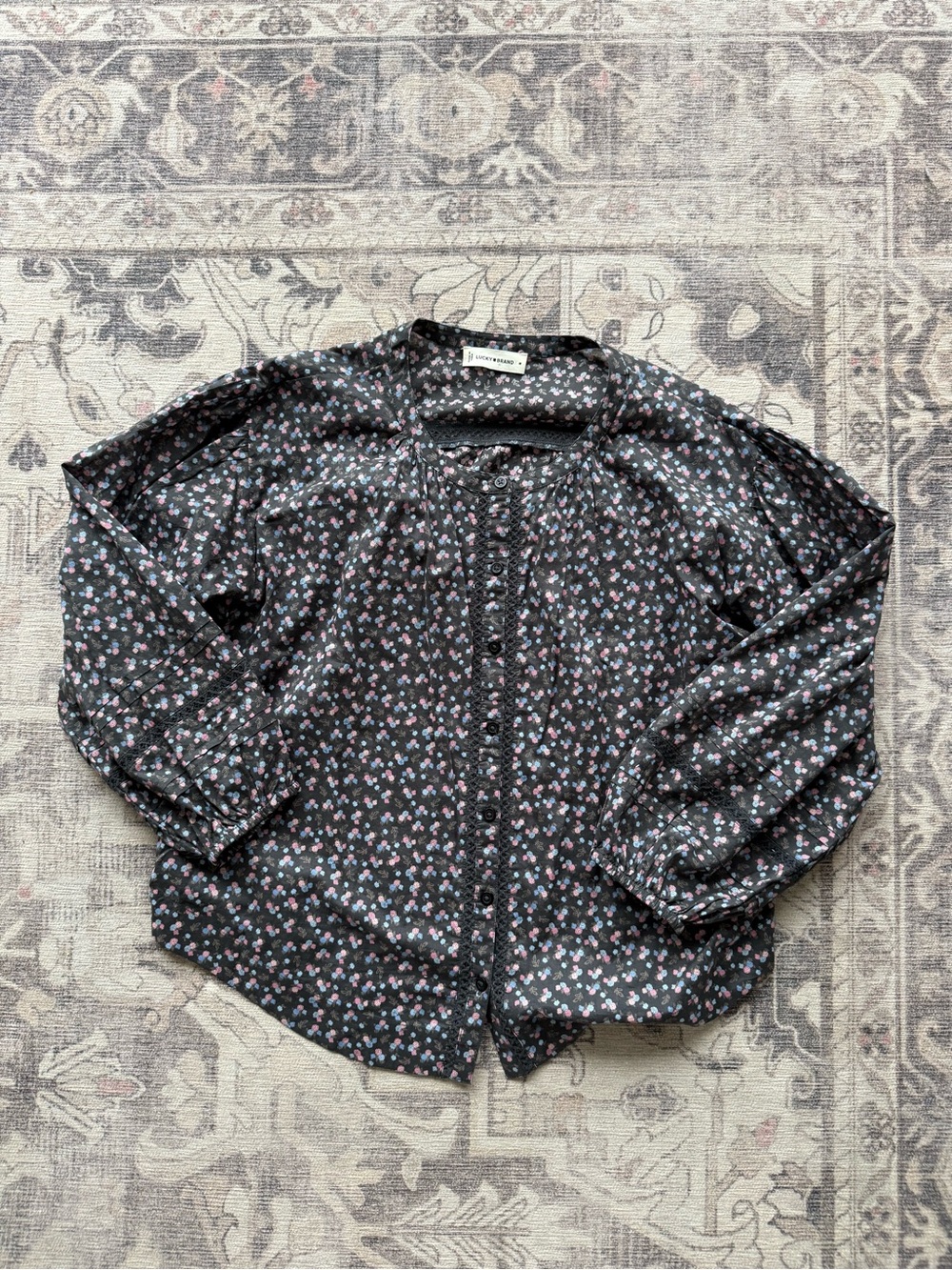 Lucky Brand Black Floral Peasant Blouse with Pink and Blue Accents - Picture 2 of 5